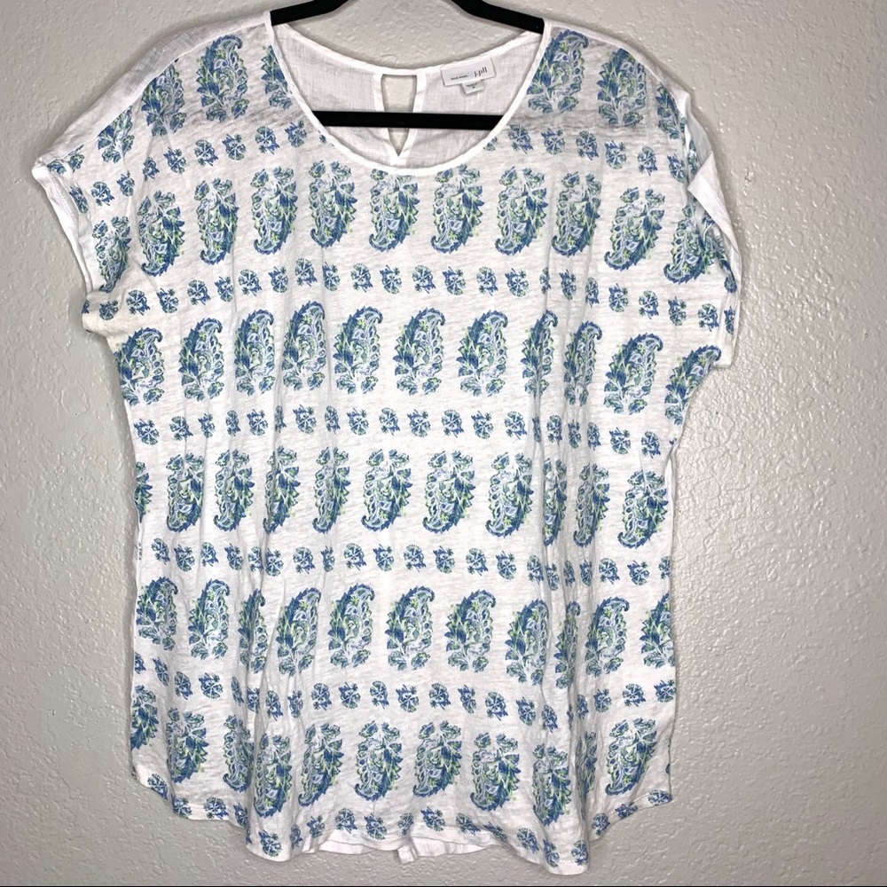 J. Jill love linen white blue tee shirt size m
